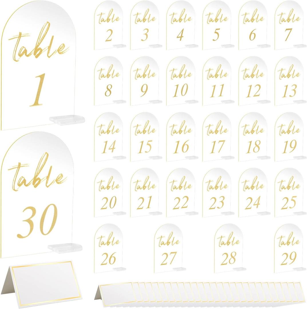30 Sets Arch Wedding Table Numbers with Stands Gold Printed 1-30 Table Signs Clear Acrylic Table Number Display Stand for Wedding Reception Party Centerpieces Decor (4 x 6 Inch)