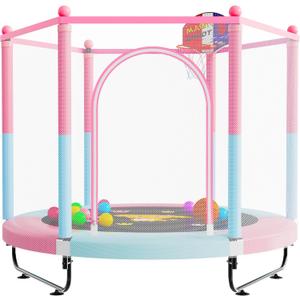 VGMiu 60" Trampoline for Kids, 5 FT Indoor & Outdoor Toddler Baby Trampoline with Basketball Hoop, Safety Enclosure, Birthday Gifts for Kids, Gifts for Boy and Girl, Age 3-8
