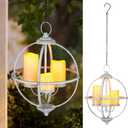 Battery Operated Outdoor Candle Chandelier - White Metal Globe Hanging Pendant Light with 3 Flameless Candles, 12.6" Waterproof Lights for Gazebo, Pergola, Garden, Porch & Backyard
