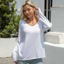 Women’s V Neck Knit Sweater Loose Fit Lightweight Pullover Long Sleeve Jumper Casual Fall Winter Tops (White/S) 