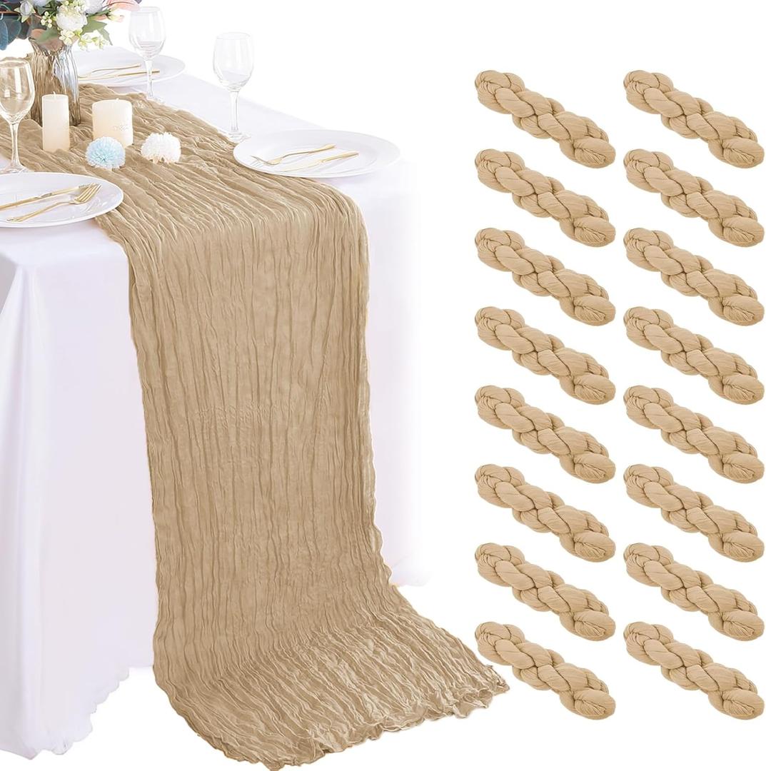 16PCS Beige Cheesecloth Table Runner 10FT Table Runner Cheesecloth 35x120Inch Boho Gauze Cheese Cloth Table Runner Long Rustic Sheer Table Runners for Wedding Party Baby Bridal Shower Table Decor