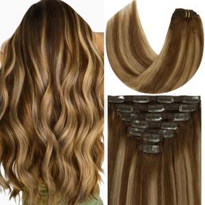 Loxxy Human Hair Extensions Ombre Chocolate Brown to Caramel Blonde Thick Silky Straight Clip in Double Weft Brazilian Human Hair Extensions Full Head color R#4-4/27 16 Inch 120g 7 pcs