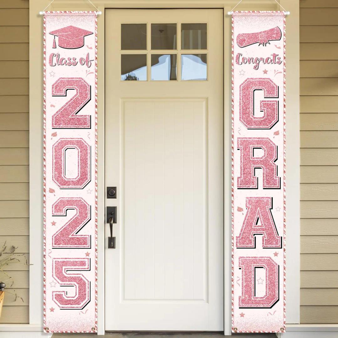 Jansun 2025 Pink Graduation Banner Party Decoration Class of 2025 Porch Sign Graduation Congrats Grad Rose Gold Photograph Banner Door Hanging for High School College Graduation Party