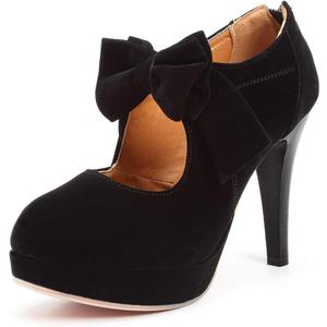 Mostrin Fashion Vintage Womens Small Bowtie Platform Pumps Ladies Sexy High Heeled Shoes (10, Black58)
