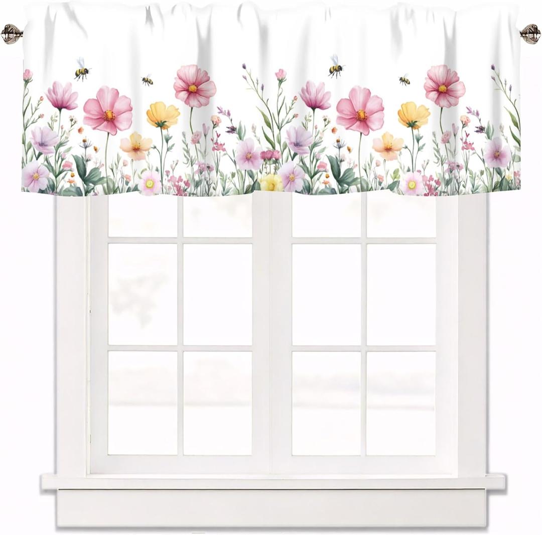 Spring Wildflowers Curtain Valance for Windows Bees Floral Pink Window Treatments 1 Panel Short Curtains for Kitchen Windows Bathroom Bedroom,42 x 12 Inch