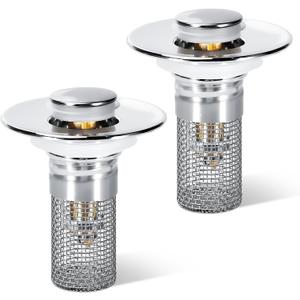 BOTEMY Bathroom Sink Drain Strainer,Pop-up Bathroom Sink Stopper fits 1.02"-1.2" Bathroom Sink Drain Holes in Diameter, Bathtub Drain with Removable Strainer Basket Hair Catcher(2 PCS, Silver)