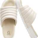 GPOS Womens Slides with Memory Foam Soft Cushioned Cozy House Slippers for Woman Comfy Open Toe Ladies Sandals Leather Slip on Bedroom Shoes Plantar Fasciitis Indoor Outdoor (9, Beige White)