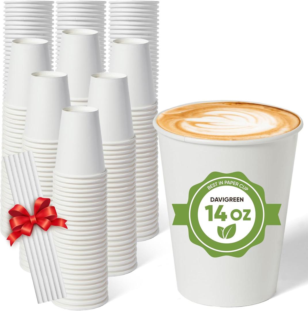 14 oz Paper Cups 200 Disposable Coffee Cups with 100 Paper Straws | Hot Cups for Coffee & Tea | Approx. 12 oz Recommended Fill