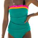 Beachsissi Bandeau Swimsuits for Women Strapless Swimwear Bathing Suits Tummy Control Color Block Tankini Sets, M