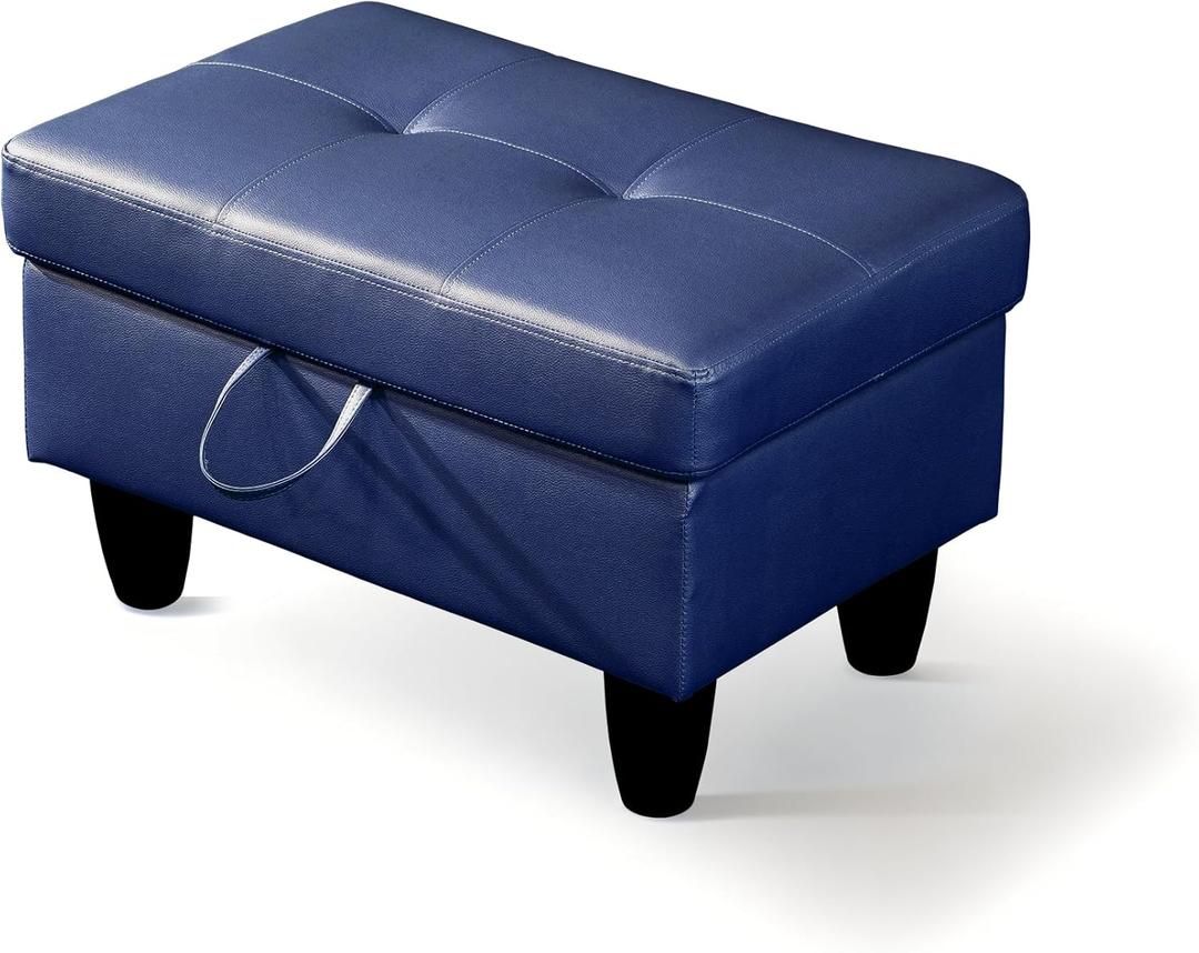GRETERST Ottoman Rectangular Storage Ottoman Bench Faux Leather Footrest Footstool with Hinged Lid for Living Room, Bedroom, Entryway, Blue, 28.5"x19"x17.5"