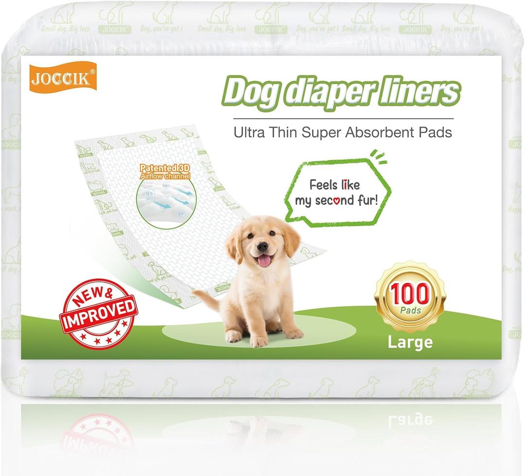 Dog Diaper Liners, 100 Count, Super Absorbent Booster Pads for Male and Female Dogs, Ultra-Thin and Breathable, Long