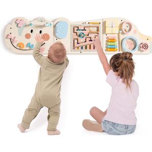 ROBUD Elephant Montessori Busy Board, 12-in-1 Activity Wall Busy Board, Montessori Sensory Wall Panel for Boys & Girls, Toddler Learning Activity Center for Playroom, Nursery, Beige