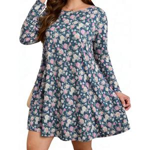 BLANCHES Plus Size Floral Dress for Women Long Sleeves Crew Neck Casual Dresses Empire Waist Swing Cute Tiered Loose A-Line Flowy Dress with Pockets