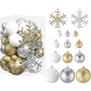 Syhood 62 Pcs Glitter Christmas Ball Ornaments Bulk Plastic Glitter Snowflakes Shatterproof Christmas Tree Ornament Set for Xmas Holiday Party Decorations(Gold, Silver, White)