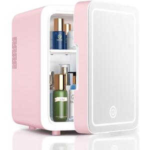 Skincare Fridge With Dimmable LED Light Mirror, 4L Makeup Mini Fridge for Bedroom, Car, Office & Dorm, Cooler & Warmer, Portable Small Refrigerator for Cosmetics, Skin Care and Food, Pink