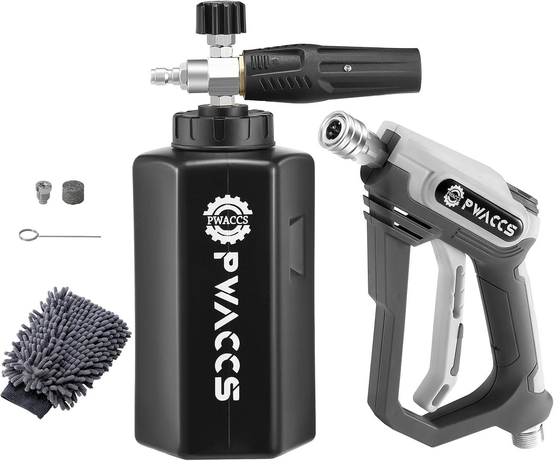 PWACCS Pressure Washer Foam Gun, Short Pressure Washer Gun, Foam Cannon for Car Wash Kit with 1/4" Quick Connector, Pressure Wash Handle for Power Washer with M22 Male Inlet, 4000 PSI, 1.5 Liter