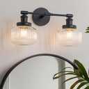 2-Lights Bathroom Light Fixtures, Black Vanity Light, Industrial Bathroom Light Fixture Over Mirror with Clear Striped Globe Shade, Bathroom Light for Bedroom, Living Room, Farmhouse, Stairs (Black)