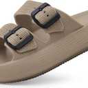 Weweya Sandals for Women and Men - Pillow Slippers - Double Buckle Adjustable Slides - EVA Flat Sandals (9.5-10.5 Women/8.5-9.5 Men, Khaki)