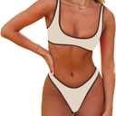 SherryDC Women's Sexy Scoop Neck Bikini Sets Color Block High Cut Thong Brazilian Two Pieces Swimsuit Bathing Suit, Size: Small, Beige