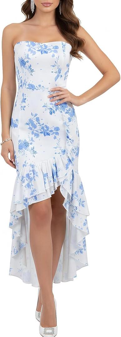 Women's Sexy Elegant Layered Frilled Ruffles Asymmetrical Hem Backless Strapless Maxi Bodycon Dress