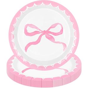 JarThenaAMCS 50 Pcs Pink Bow Paper Plate Watercolor Coquette Bowknot Disposable Plate 9 Inch Decorative Dinner Plates for Birthday Bachelorette Bridal Baby Shower Party Favors Table Decor