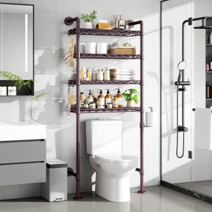 K3 Wall Mounted 4-Tier Over the Toilet StorageMetal Above Toilet Storage with Paper Hook,Over Toilet Bathroom Organizer with Adjustable ShelfAbove Toilet Rack 9.7"Dx 25.6"Wx 74.3"H,Espresso