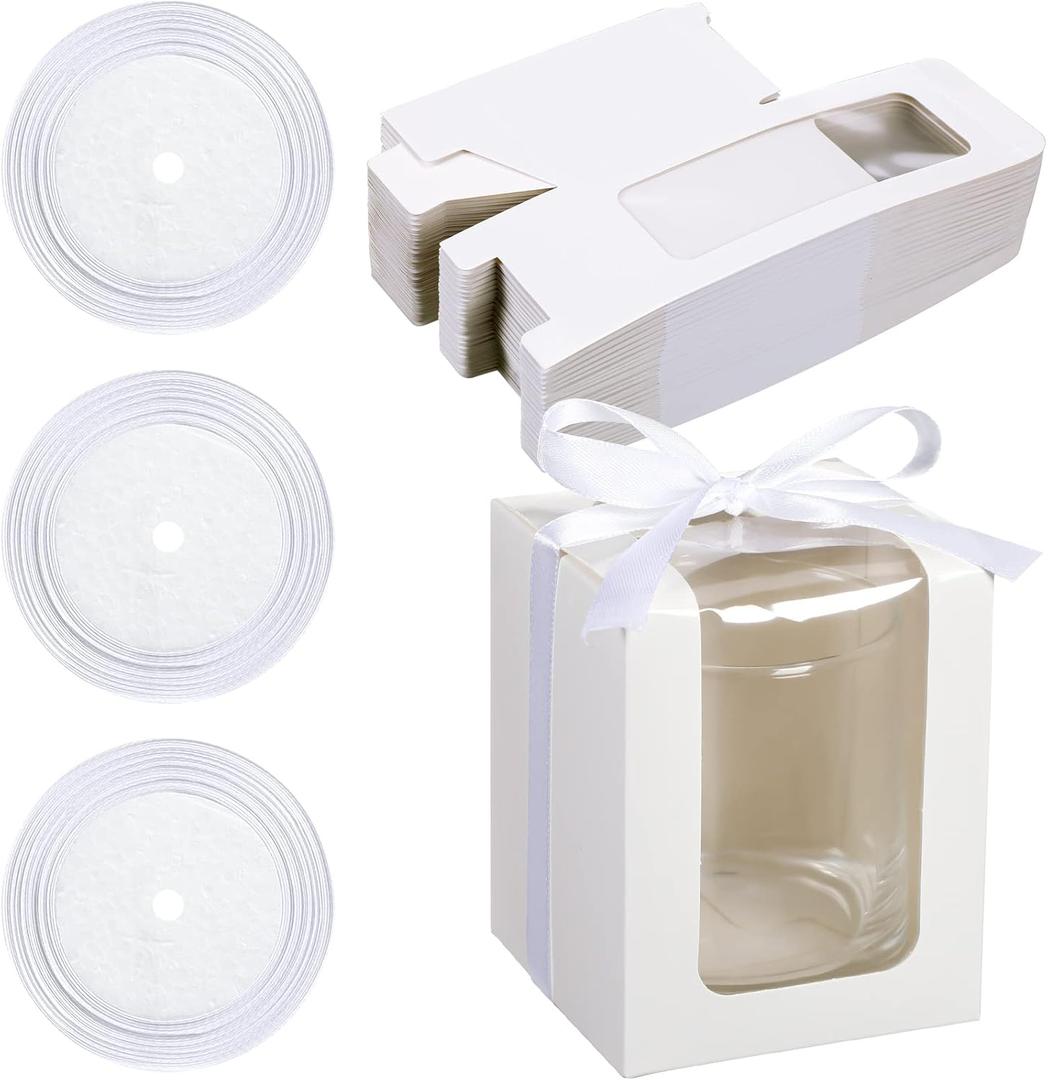 Teling 50 Set 9 oz Stemless Wine Glass Gift Box Glassware Paper Packing Boxes with Clear Window for Wedding Bridal Shower Baby Shower Birthday Parties Favors(White)
