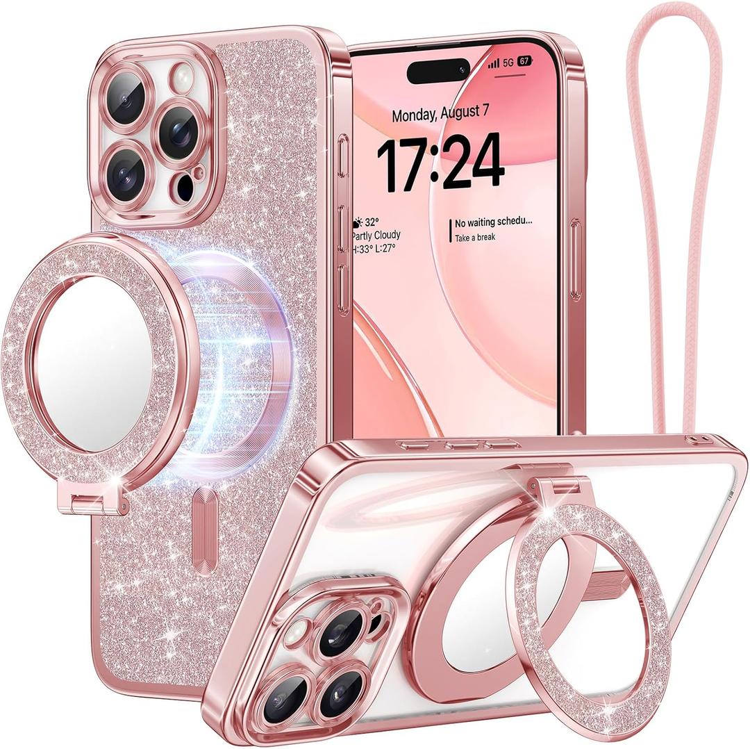 Meifigno Magnetic Case with Removable Phone Ring Stand for iPhone 16 Pro, [Glitter Card & Wrist Strap] [MagSafe Compatible] [Built in Mirror] Magnetic Phone Ring Holder + 16 Pro Case Kit, Rose Gold