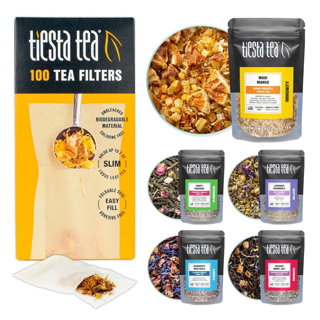 Tiesta Tea Premium Starter Loose Leaf Sampler Kit - Classic Tea Blends, High to Non Caffeinated, Hot & Iced Brews, Starter Set with Black, Green, Herbal Sample Bags and 100 Disposable Tea Filters