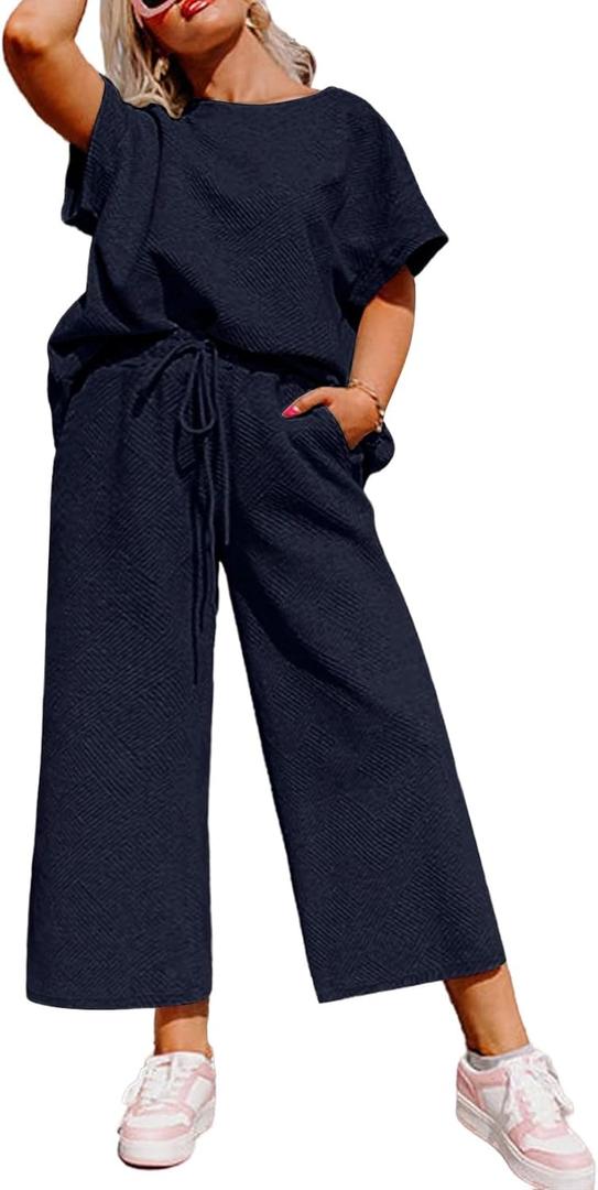 Eytino Womens Plus Size Sweatsuits Casual Short Sleeve Tops High Waist Wide Leg Pants 2 Piece Tracksuit Lounge Sets(1X-5X) (Navy Blue)