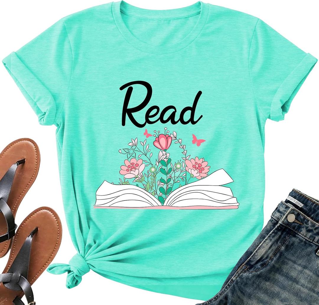 Read Book Shirt for Women-Reading Teacher Tee Tops Pink Flower and Butterfly Short Sleeve Cute Book Shirt (Yellow, XL)