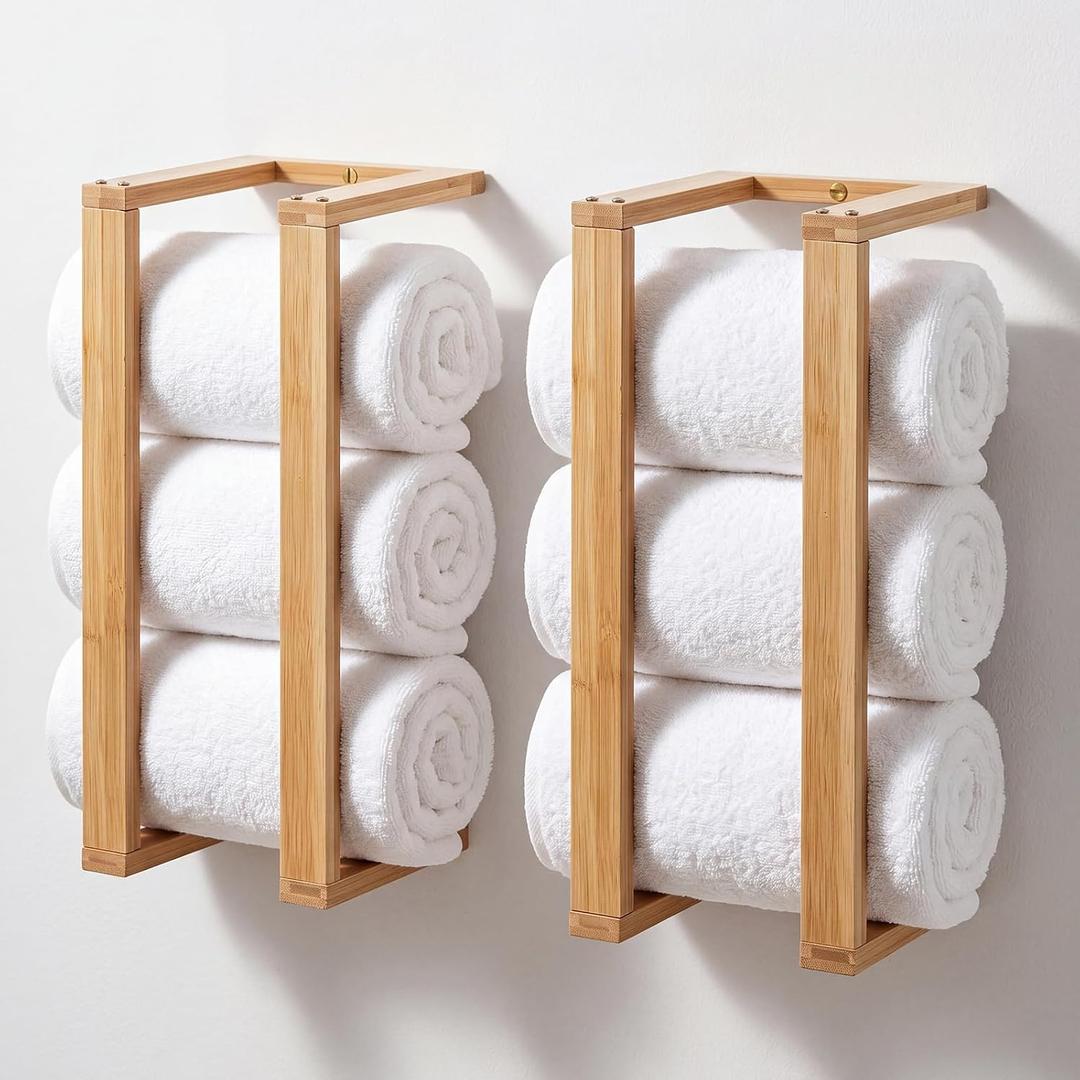 Gerrii 2 Pack Bamboo Towel Rack for Bathroom Wall Mounted, Natural Wooden Towel Shelf Holder for Rolled Towels, Bamboo Bathroom Accessories Organizer for Small Space Spa Storage Farmhouse Decor