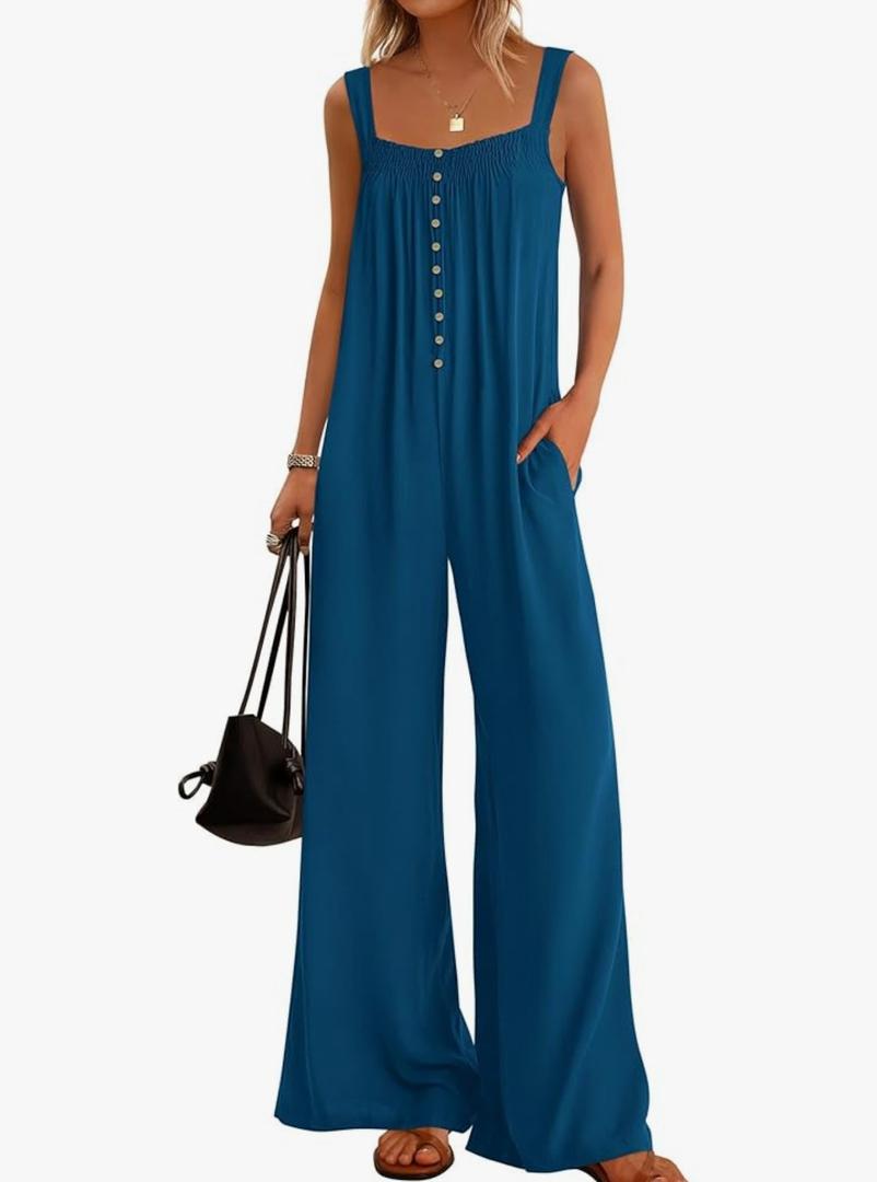 KIRUNDO Summer One Piece Jumpsuits For Women 2025 Casual Loose Button Sleeveless Romper Knit Wide Leg Overalls With Pockets XL