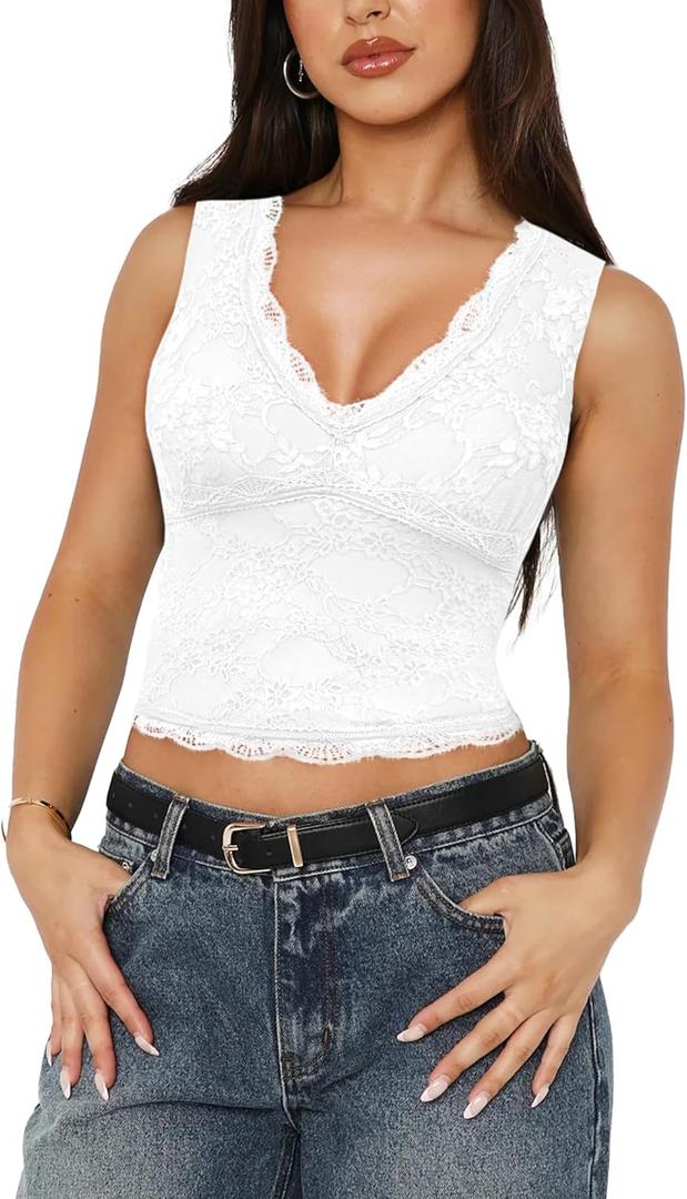 SAUNGKUAI Women's Sexy V Neck Sleeveless Tops Lace Trendy Double Lined Going Out Shirts Blouse (White, XL)