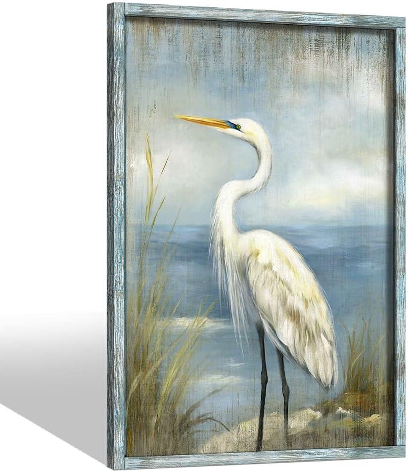 Sea Bird Wall Art Framed: Coastal Heron Wooden Picture Blue Ocean Seascape Painting Large Beach Seashore Prints Artwork for Bathroom Bedroom Living Room (45"L x 30"W)