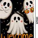 3 x Spooky Ghost Welcome Garden Flags for Outside 12x18 Inch Double Sided Burlap,Halloween Sign Small Flag Farmhouse Holiday Yard Lawn Outdoor Decorations DF896