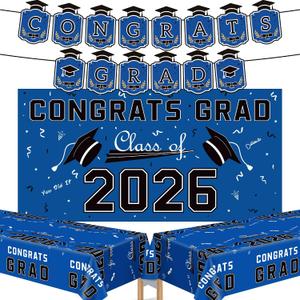 2 x Graduation Decorations 2026 2027 - Blue Congrats Grad Banner Backdrop Tablecloth Set - Graduation Decorations Class of 2026 | Graduation Party Favors Supplies