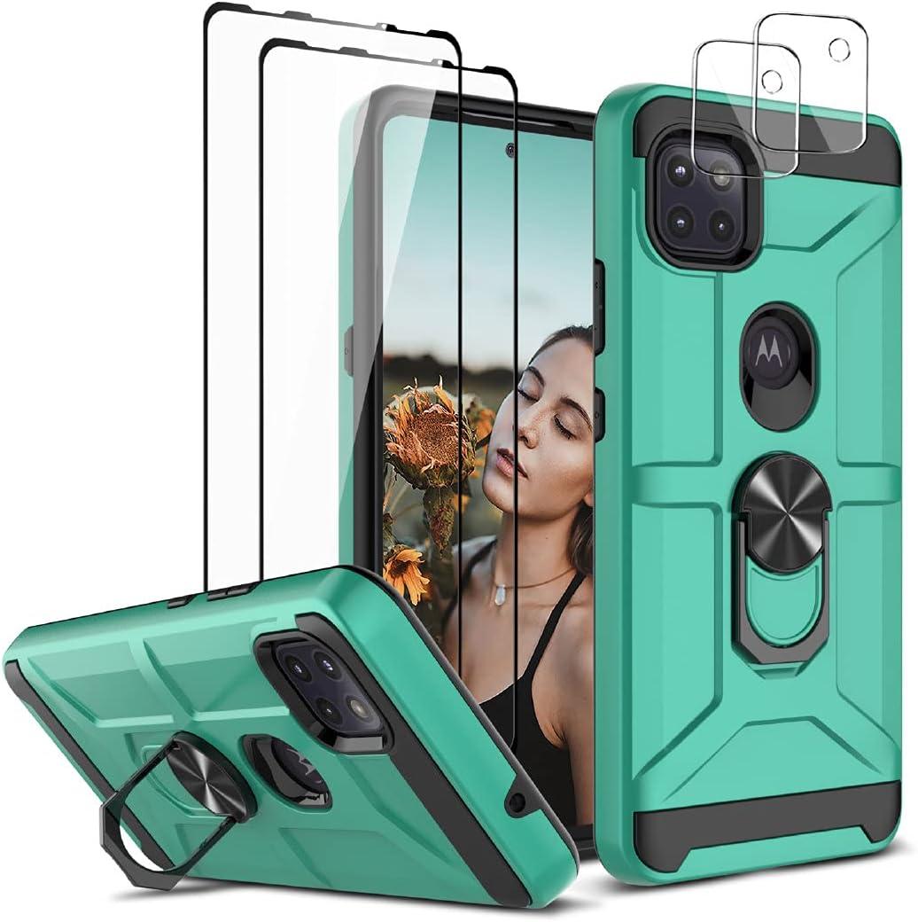 Jeylly Moto G 5G Case with [2 Pack] Glass Screen Protector and [2 Pack] Soft Camera Protector, Hybrid Hard PC Soft TPU Bumper Protective Case with 360 Rotation Kickstand for Moto One 5G Ace, Turquoise