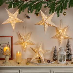 5PCS White Paper Star Lantern with Lights - 12 inch Hanging 3D Christmas Paper Star Lamp 5 Points Foldable Christmas Stars Light with Hollow Design for Home Xmas Wedding