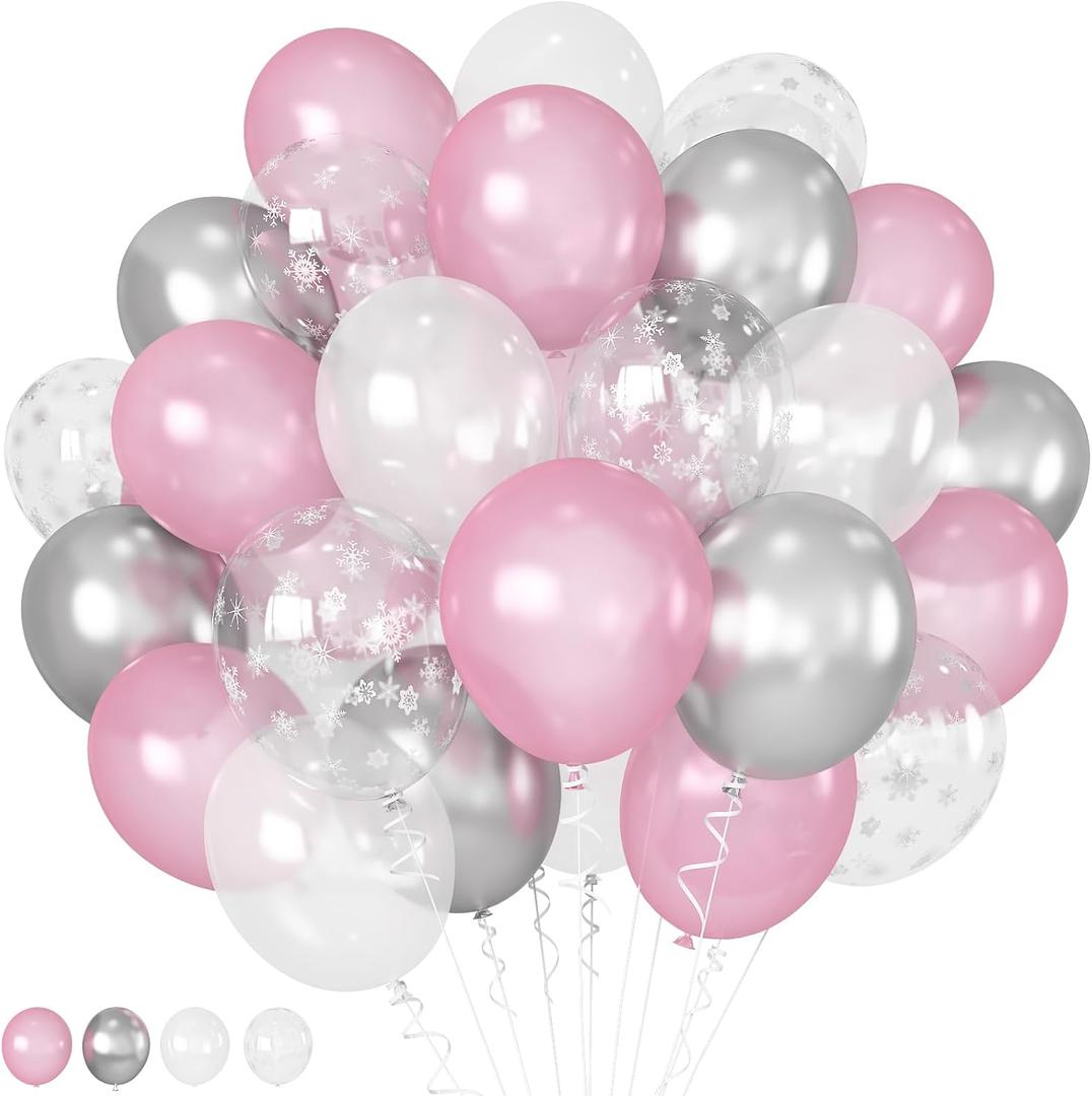 Pink and Silver Balloons 12 Inch Winter Onederland Snowflake Balloon Pearl Pink White Silver Metallic Latex Party Balloons for Winter Christmas Wonderland Girl Birthday Baby Shower Decorations