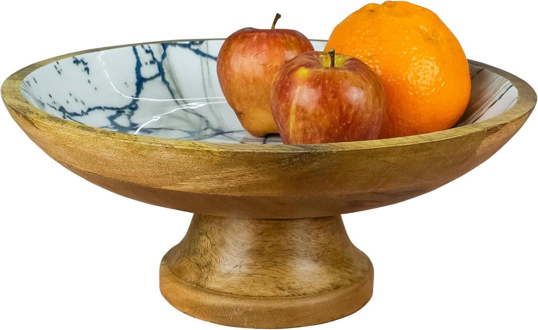 HOMORA Wood Fruit Bowl or Decorative Pedestal Bowl for Table Dcor, for Kitchen Counter, Detachable Base,12-inch Large Bowls,Mango Wood (BLUE MARBLE), christmas, thanksgiving, new year