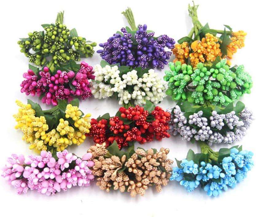 144pcs Artificial Mini Flower Stamen Pistil and Soft Stem,20mm Tiny Berry for DIY Wedding Make Bridal Hair Clips,Cake Top,Wrist Corsage Boutonniere,Candle Rings Wreath Bracelet Flower (Multicolor)
