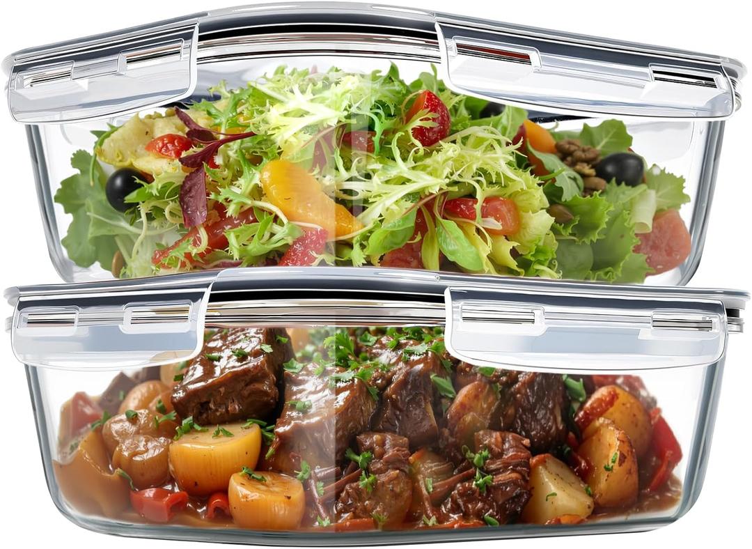 Freshmage 2 Pack 76.4oz Large Glass Storage Containers with Air Vent Lids, 9.5 Cup Glass Food Storage Container for Meal Prep, Lunch, Baking, Food Serving, Oven, Dishwasher & Freezer Safe, BPA-Free