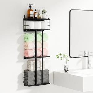 BUTUNITA Black Towel Rack for Bathroom, Metal Towel Holder for Bathroom Wall, Bathroom Towel Storage Rack with Shelf, Rolled Towel Racks for Bathroom Wall Mounted, 3Tier Small Towel Organizer