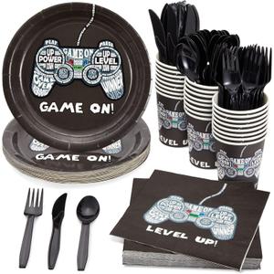 144 Piece Video Game Party Supplies Set, Serves 24 Includes Plates, Napkins, Cups, Cutlery  Video Game Birthday Decorations for Gamers & Themed Parties Decorations