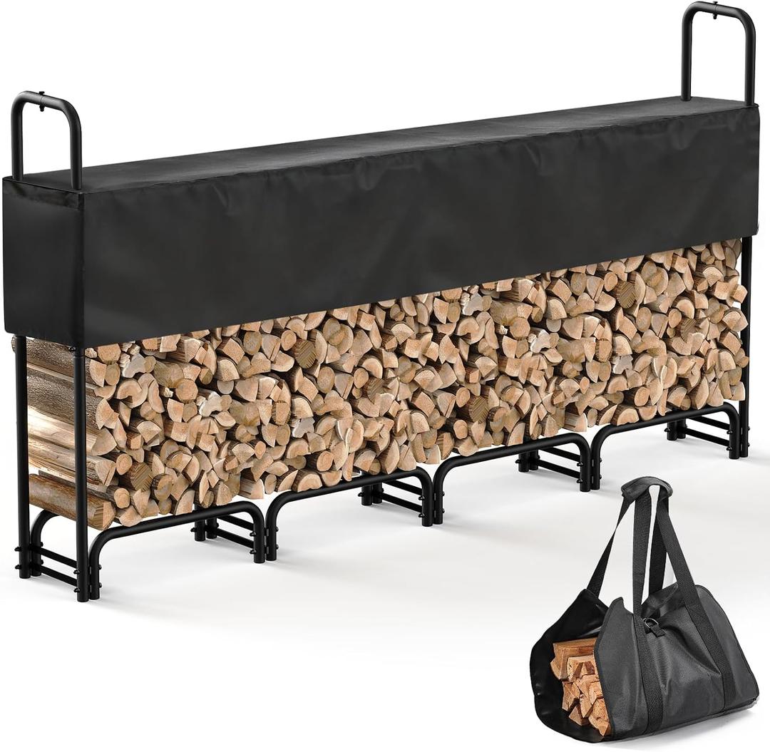 8FT Firewood Rack Outdoor with Cover, Heavy Duty Wood Storage Rack