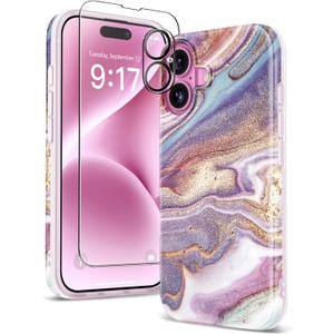 GVIEWIN Marble for iPhone 16 Case, with Screen Protector & Camera Lens Protector, [10FT Military Grade Drop Protection] Slim TPU Phone Case Cover Women for iPhone 16 6.1" 2024 (Flowing Sakura/Pink)