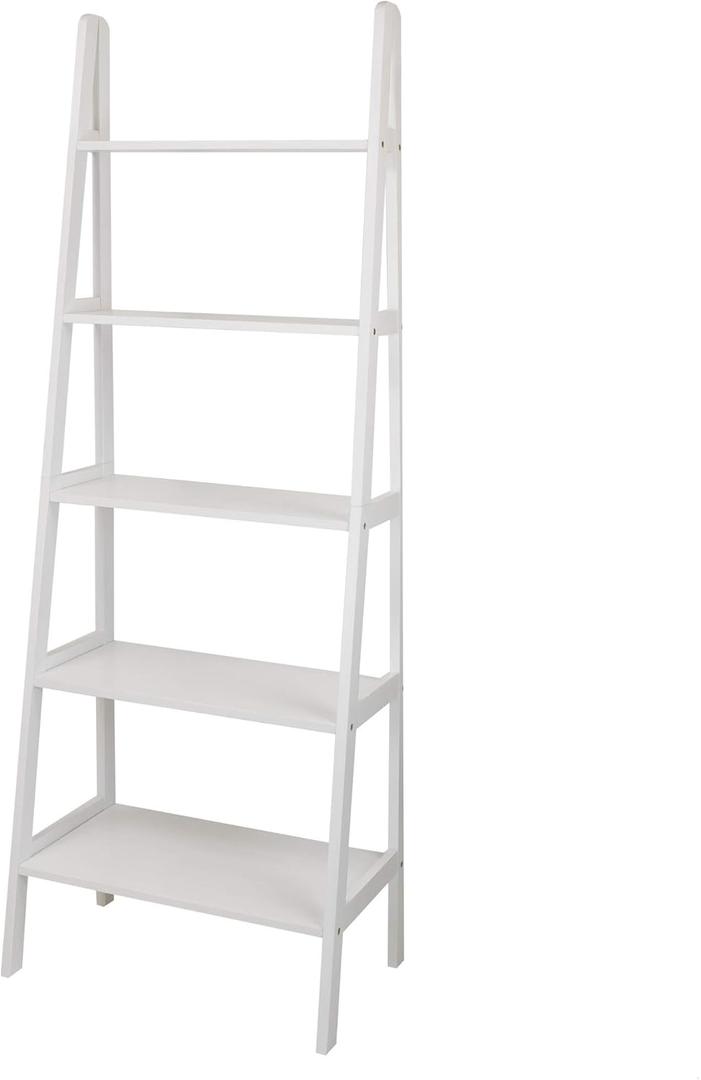 Casual Home 100% Solid Wood 5-Shelf Ladder Bookcase, 24.75"W x 16"D x 72"H, White, 5-Tier Freestanding Ladder Shelf