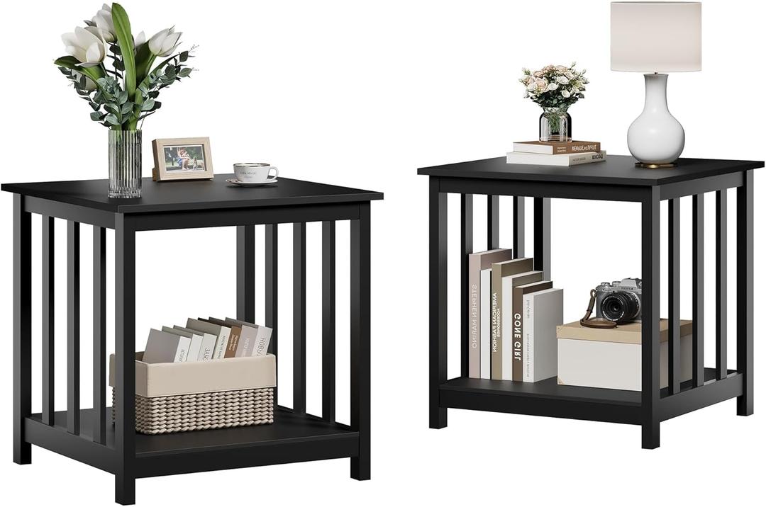 Treocho End Tables Living Room Set of 2, 24 Inch Square Side Table with 2-Tier Storage Shelf, Modern Nightstand for Living Room, Bedroom, Office, Black