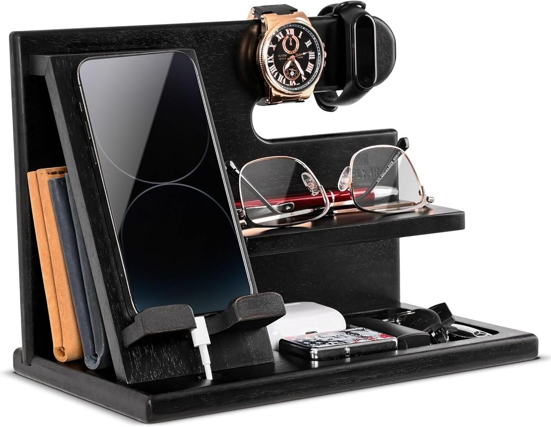 TESLYAR Wood Phone Docking Station for Men  Desktop or Nightstand Organizer  Birthday Gifts for Men, Dad  Anniversary Idea from Wife  Key Holder, Stand Wallet, Watch & Essentials (Black)